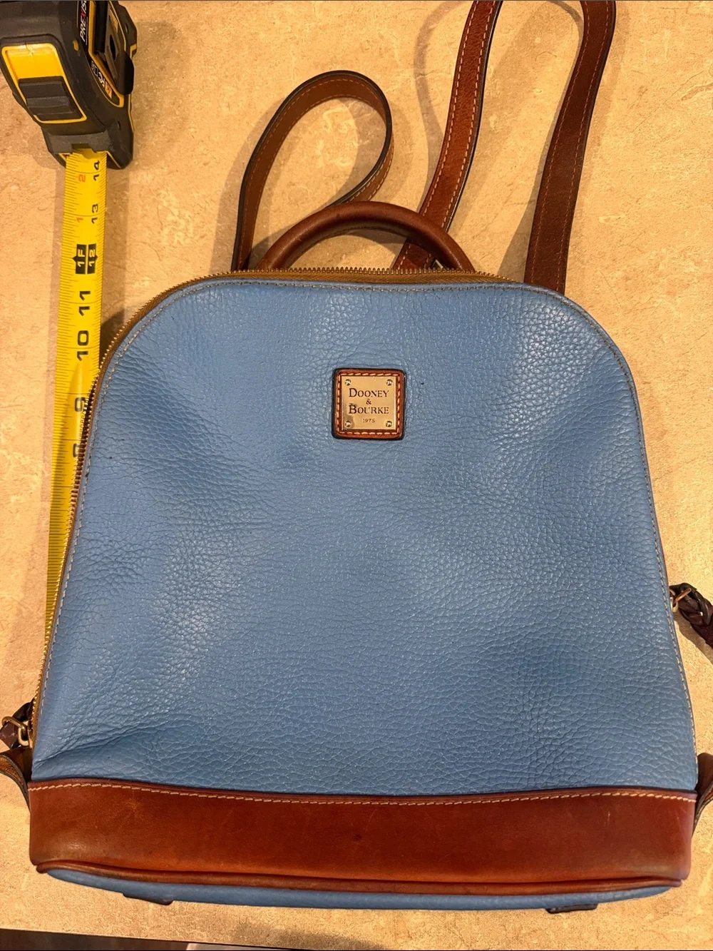 Dooney & Bourke Light Blue Leather Backpack with Brown Trim